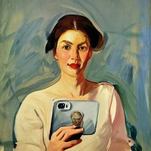 Prompt: selfie taken by a woman in 2 0 1 9, painted by zinaida serebriakova