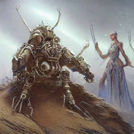 Prompt: orchestral music played by robots, painted by alan lee, john howe, pixiv, deviantart, artstation illustration, realistic