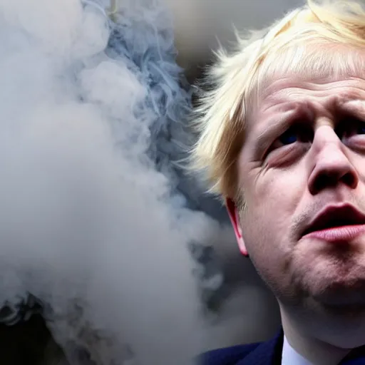 Prompt: medium shot photo of Boris Johnson smoking weed with smoke, 4k, ultra HD