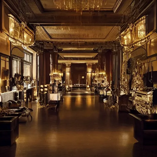 Image similar to upscale mysterious private auction, unnameable relics on display, moody lighting, extravagant details, lobby in the distance, elite