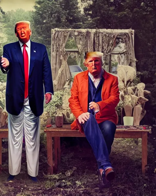 Image similar to if donald trump became a hippie, photoshoot in the style of annie leibovitz, hyperreal