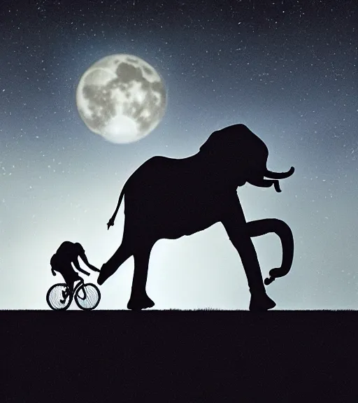 Image similar to elephant riding a flying bike across the full moon as silhouette, from the movie e. t. the extra terrestrial, with dark trees in foreground, cinematic frame by steven spielberg, hd