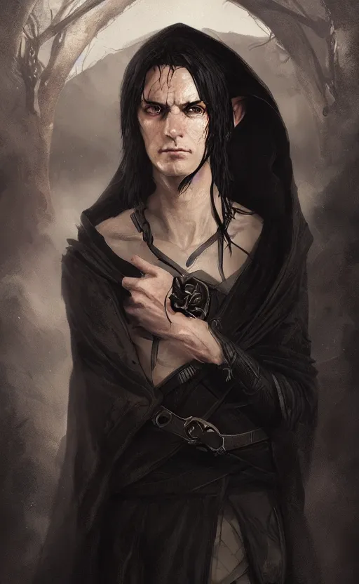 Image similar to Portrait of an elf in a black cloak, black hair, glowing eyes, male, detailed face, fantasy, highly detailed, cinematic lighting, digital art painting by greg rutkowski