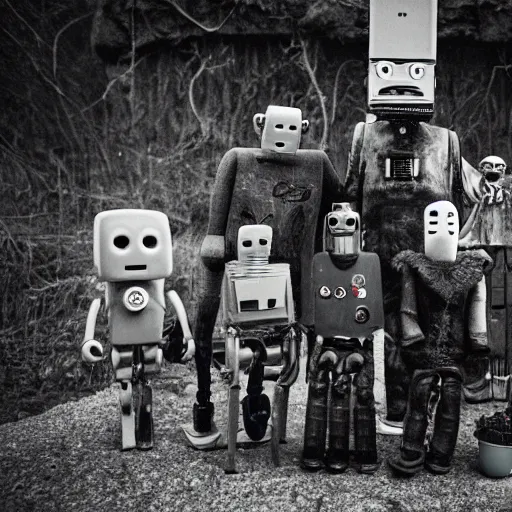 Prompt: the most creepy family photo of robots, 35mm lens, post apocalyptic, sadness, depression, screaming, crying, a dumping ground