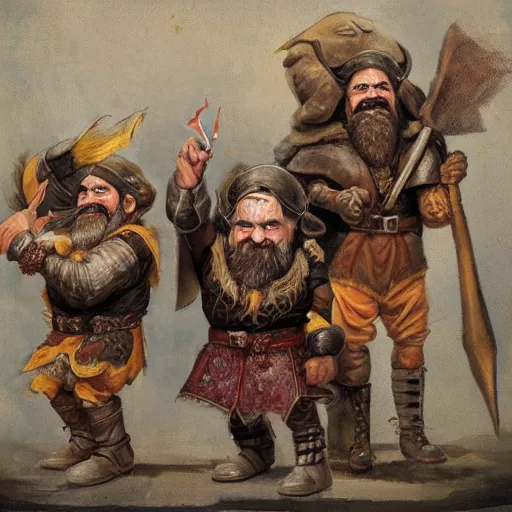 Prompt: Realistic portrait of 3 Dwarf Brothers, Dungeons and Dragons, posed