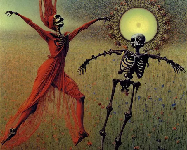 Image similar to eastern european springtime skeleton dancing danse macabre by zdzisław beksinski and gustave dore and alphonse mucha