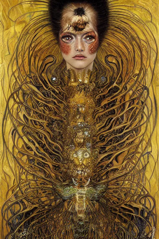 Prompt: Metamorphosis by Karol Bak, Jean Deville, Gustav Klimt, and Vincent Van Gogh, transformational chimera portrait, visionary, hair made of cicada wings, transformation, chimera, metamorphosis, otherworldly, fractal structures, ornate gilded medieval icon, third eye, spirals, horizontal symmetry