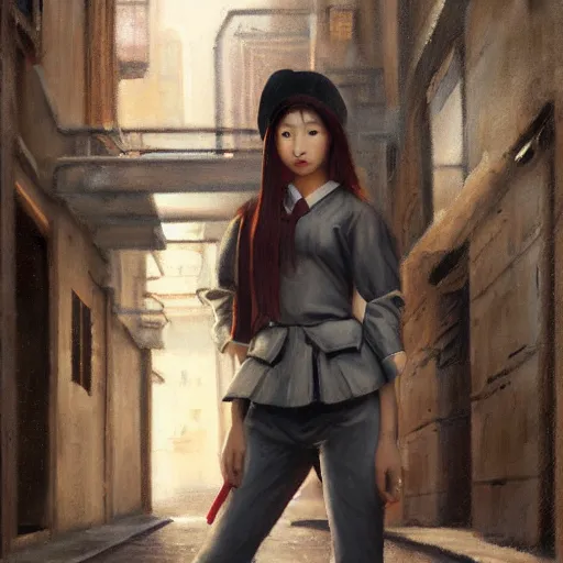 Image similar to a perfect, realistic professional oil painting in Italian renaissance style, of a Japanese schoolgirl posing in a dystopian alleyway, close-up, by a professional American senior artist on ArtStation, a high-quality hollywood-style concept