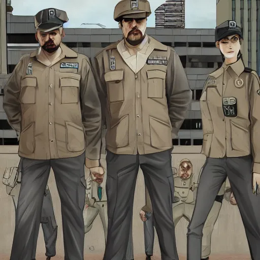 Image similar to ( ( beige and pale ) ) uniform and caps zombie security officers ( background brutalist concrete office ) trending on artstation very high detail digital painting 4 k 8 k hd accurate