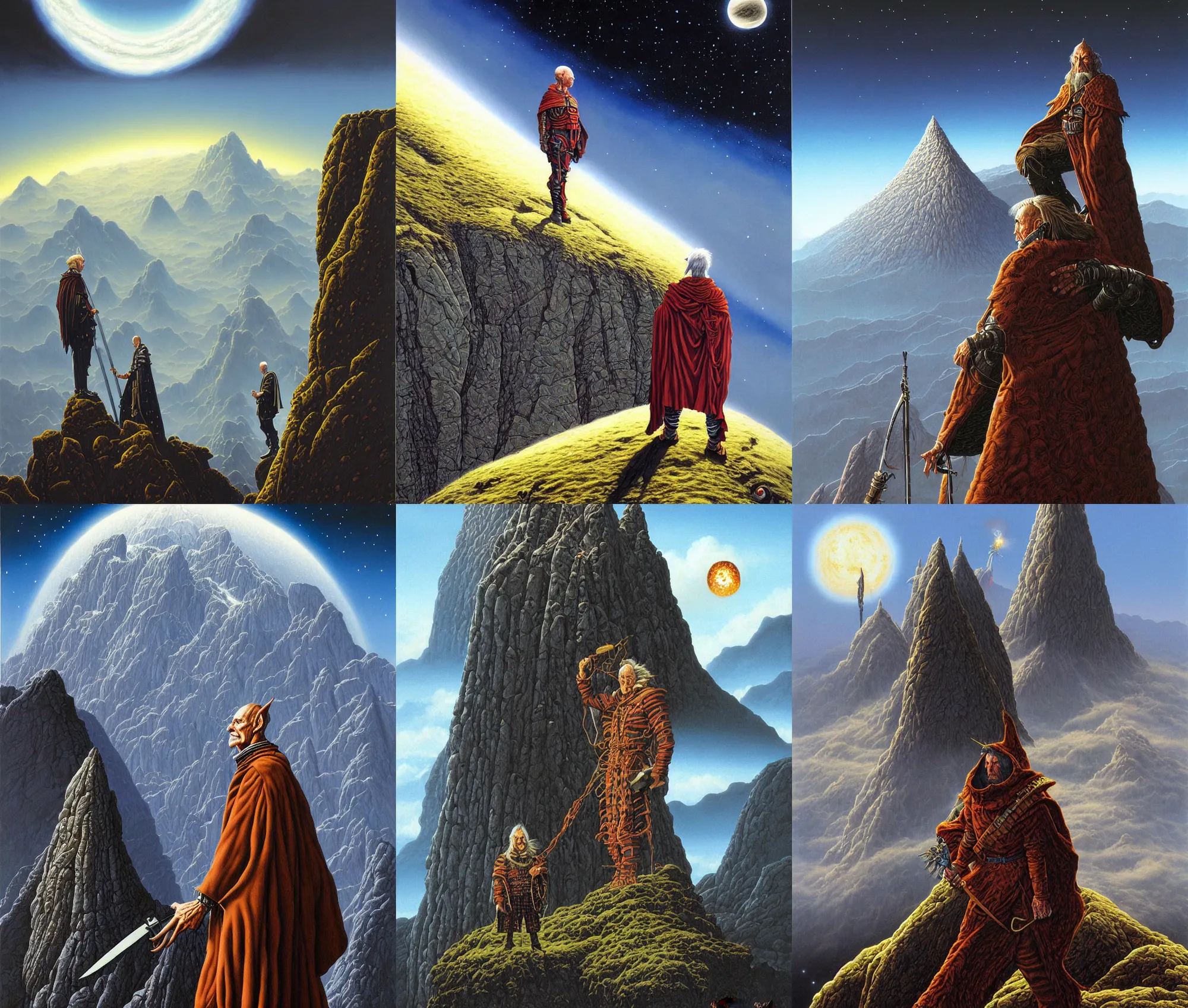 Prompt: peter elson painting of highly detailed wizard with a mountain background