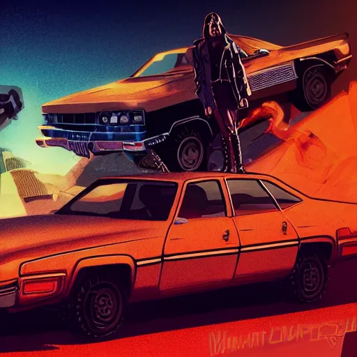 Prompt: the war criminals from the future, 1970s car, high quality, beautiful, highly detailed, dramatic lighting, hyper realistic, lifelike, photorealistic, synthwave, neon lighting, cyberpunk, end of world, apocalyptic, apocalypse, religious