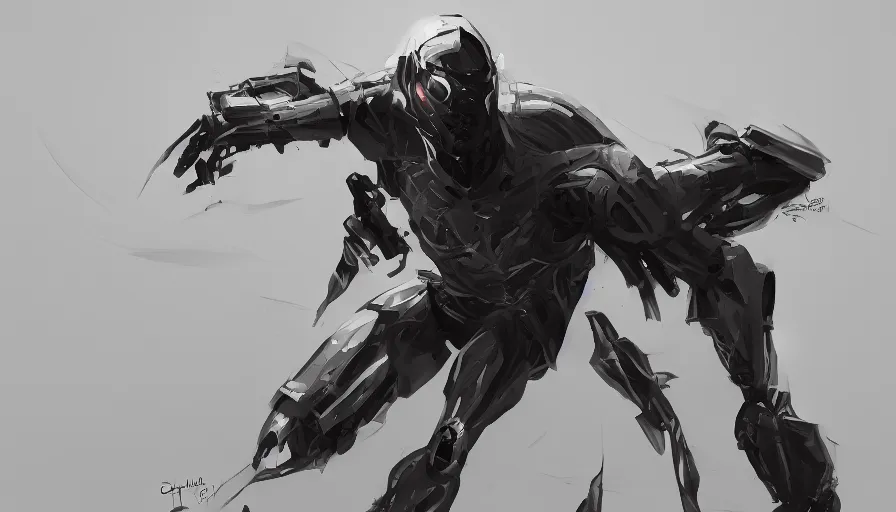 Image similar to concept art of cyborg ninja, dynamic pose, extremely detailed, jama jurabaev, greig fraser, roger deakins, shaddy safadi, feng shu, neil blevins, trending on artstation, high quality, brush stroke