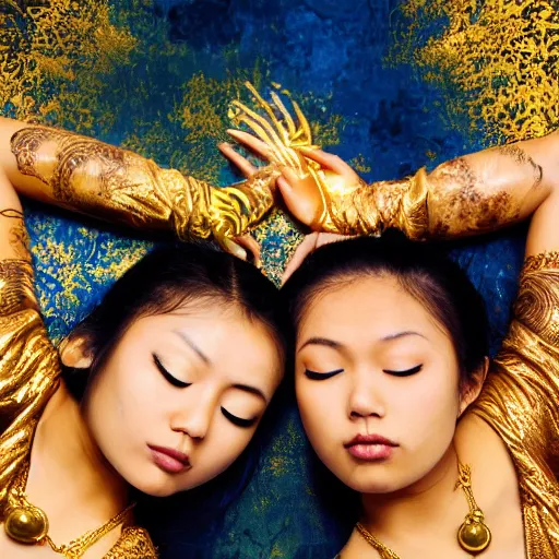 Prompt: two asian girls sleeping, liquid golden and black fluid, magic hour, dramatic light, liquid painting, golden bodypaint, yellow and blue lightning, world best photography, indian patterns, bokeh, golden jewelry filigree, body detaily, ornaments, fresco by michaelangelo, golden rays, god rays, epic cinematic wallpaper, cold color palette, cold colors, sad mood