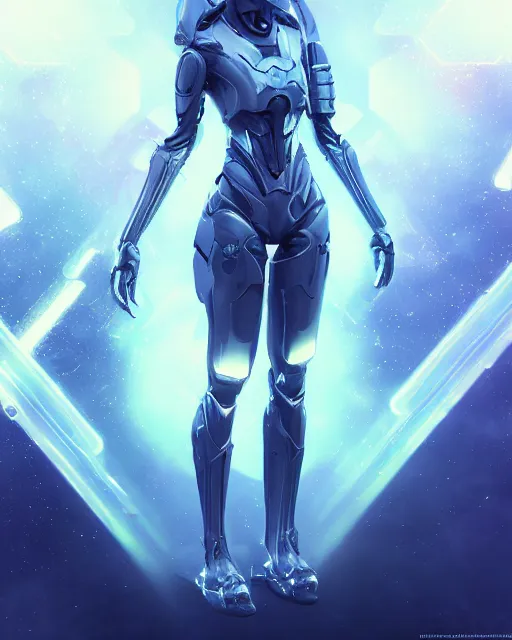 Image similar to perfect android girl on a mothership, warframe armor, beautiful face, scifi, futuristic, galaxy, nebula, raytracing, dreamy, long white hair, blue cyborg eyes, sharp focus, cinematic lighting, highly detailed, artstation, divine, by gauthier leblanc, kazuya takahashi, huifeng huang