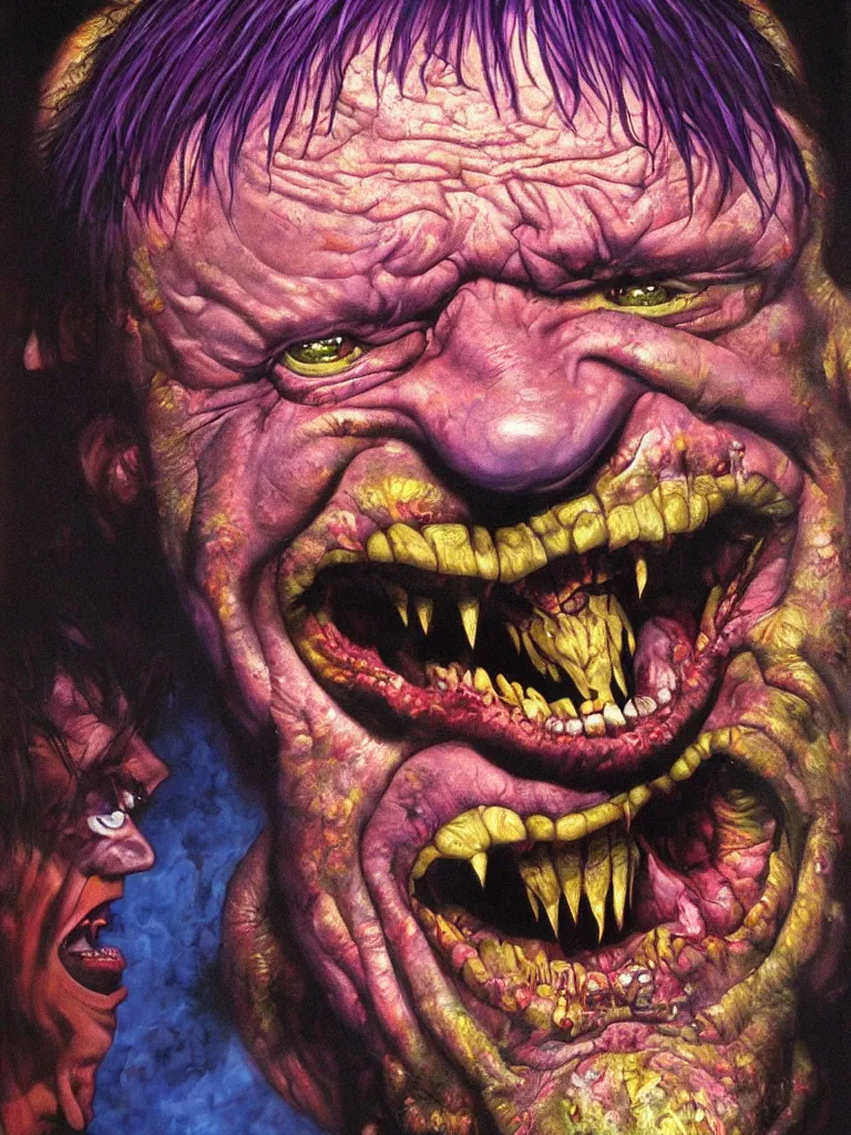 Image similar to hyper realistic painting, head of mark e smith from the fall laughing maniacally, outer glow, by richard corben, lisa frank, simon bisley and chuck close, very intense, depth of field, depth perception, hyperdetailed, rich deep vivid colours, sharp focus, directional lighting