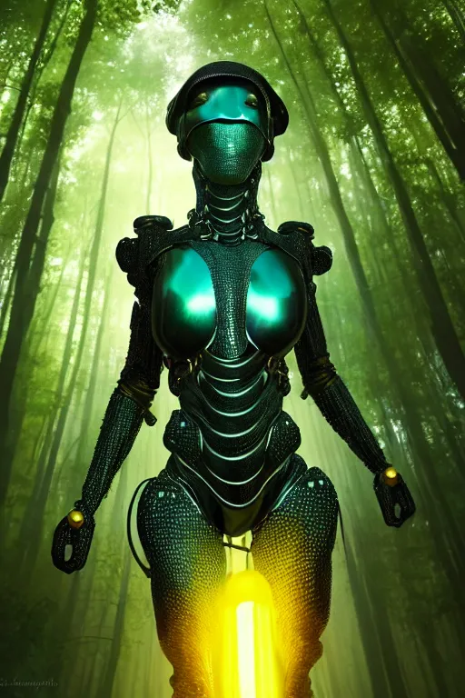 Prompt: hyperrealistic magic realism cinematic super expressive! black woman with exoskeleton armor, merging with tree in a forest, highly detailed digital art masterpiece, smooth cam de leon eric zener dramatic pearlescent soft teal yellow light, ground angle hd 8 k, sharp focus