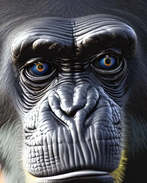 Image similar to gold, blue, very detailed high resolution portrait of a chimpanzee, 3 d, 8 k, extremely detailed, artstation