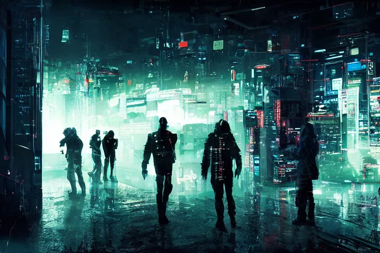 Image similar to cyberpunk hackers in high tech compound by Emmanuel Lubezki