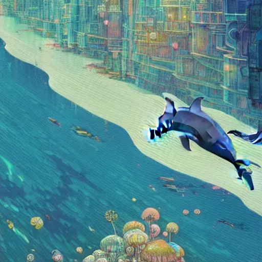 Image similar to a beautiful hyperdetailed character design 4 k wallpaper illustration of a cute dolphin, city by the sea, victo ngai cyberpunk style, from china, style of studio ghibli, makoto shinkai, raphael lacoste, louis comfort tiffany, artgerm, james jean, ross tran, chinese style