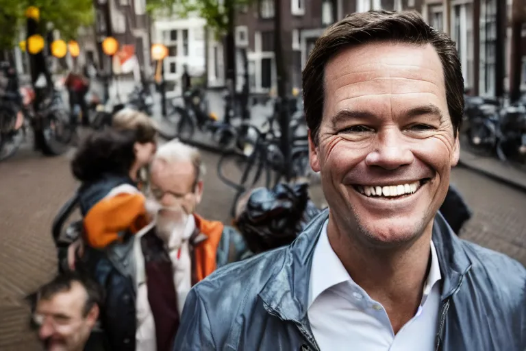 Image similar to closeup portrait of mark rutte laughing in an amsterdam street, natural light, sharp, detailed face, magazine, press, photo, steve mccurry, david lazar, canon, nikon, focus