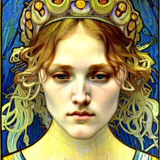 Image similar to detailed realistic beautiful young medieval queen face portrait by jean delville, alphonse mucha, vincent van gogh, and marco mazzoni, art nouveau, symbolist, visionary, gothic, pre - raphaelite