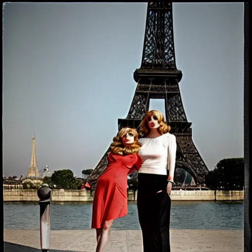 Image similar to 1976 film still glamorous woman photo and her friend, a puppet that looks like Caspar the Friendly Ghost, in front of the eiffel tower, 16mm film live soft color, earth tones and some primary colors 1976, archival footage, in style of doris wishman russ meyer, woman looks like sharon tate