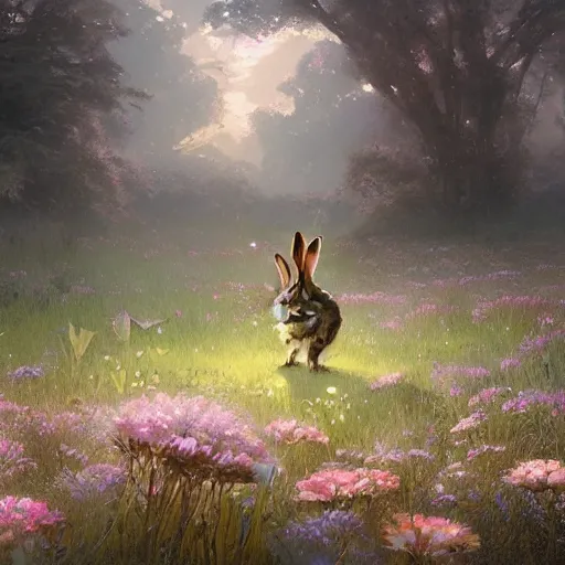 Prompt: a rabbit in a field of beautiful flowers, by stanley lau and greg rutkowski