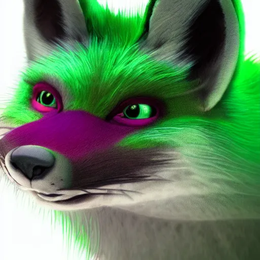 Prompt: photorealistic green fox with green fur and glowing magenta eyes, wearing a black hoodie