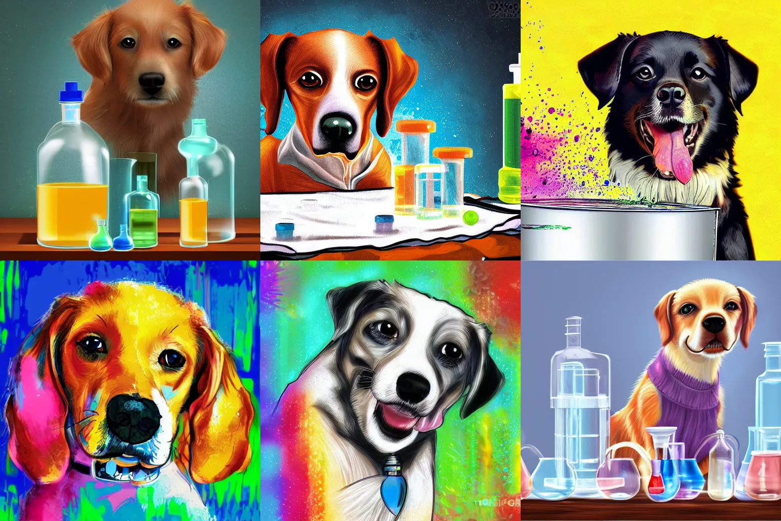 Prompt: cute dog, mixing chemicals,lab background, digital art, art station