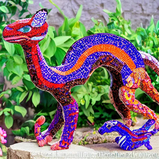 Image similar to mosaic sculpture of a alebrije chimera!!!, irregularly shaped mosaic tiles, in the style of folk art, in a cottagecore flower garden