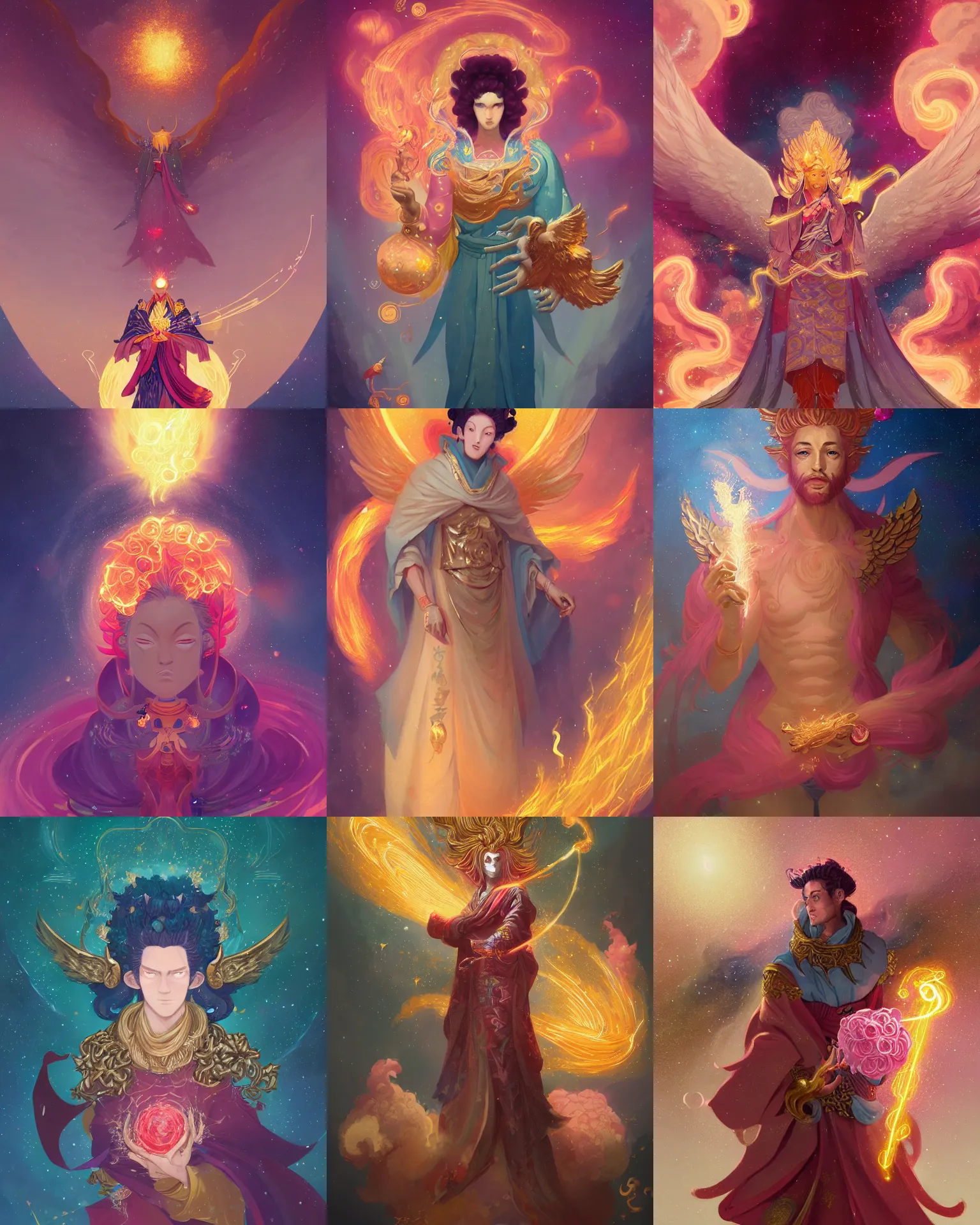 Image similar to a character portrait of only one male angel with golden fiery wings, surrounded with spiriling sparkling rose crystals and galaxies, by peter mohrbacher, hyper light drifter, ukiyo - e trending on artstation