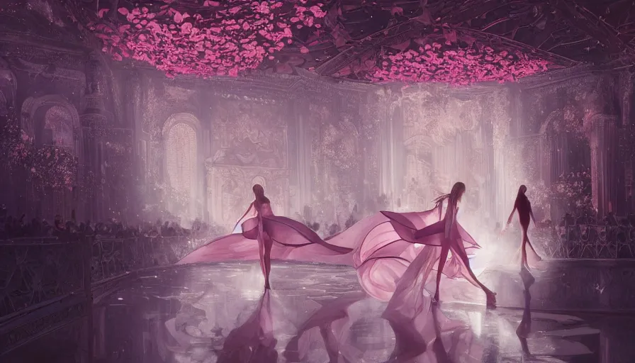 Image similar to victoria secret runway show, light, shadows, reflections, flowers, epic composition, intricate, elegant, volumetric lighting, digital painting, highly detailed, artstation, sharp focus, illustration, concept art, ruan jia, steve mccurry, artgerm, greg rutkowski, mina petrovic, timothy kong, marina federovna, masterpiece, iconic