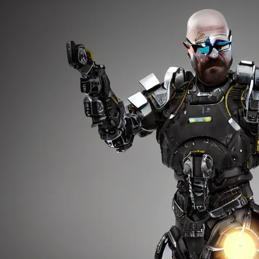 Prompt: Walter White in cybernetic battle armour with weapons, 4k octane render, highly detailed, concept art