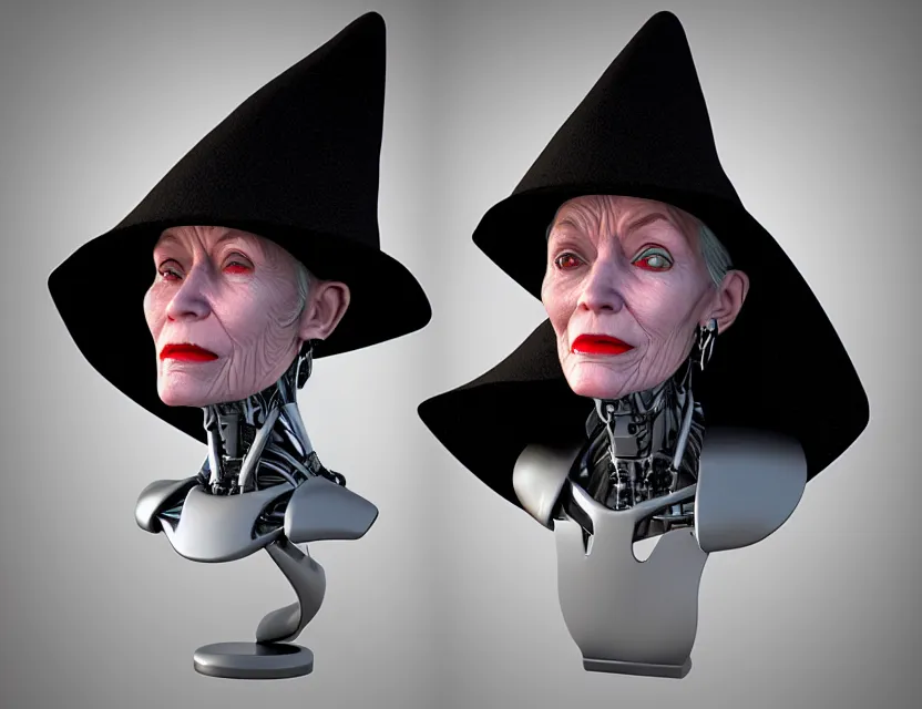 Prompt: cinematic bust portrait of robo face granny cyborg body, witch's hat on head, by jean giraud, trending artstaition, 3 d, unreal engine
