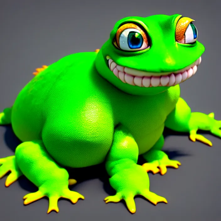 Prompt: a fat anthropomorphic male green gecko fursona with big eyes waddling across vrchat, cute, 3 d, octane render, furry