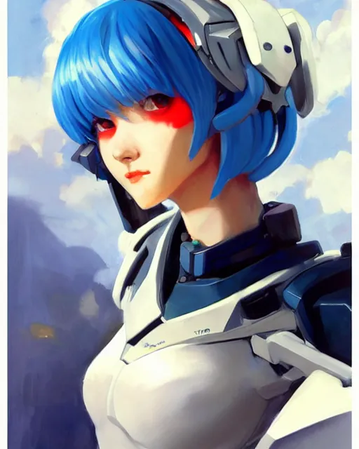 Image similar to greg manchess anime style portrait painting of rei ayanami as an overwatch character, medium shot, asymmetrical, profile picture, organic painting, sunny day, matte painting, bold shapes, hard edges, street art, trending on artstation, by huang guangjian and gil elvgren and sachin teng