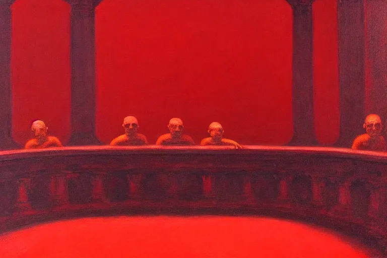 Image similar to only with red, crowd screaming, an exposed painting in a roman theater, in the style of beksinski, parts by edward hopper, parts by rodcenko, parts by yue minjun, intricate and epic composition, red by caravaggio, insanely quality, highly detailed, masterpiece, red light, artstation, 4 k