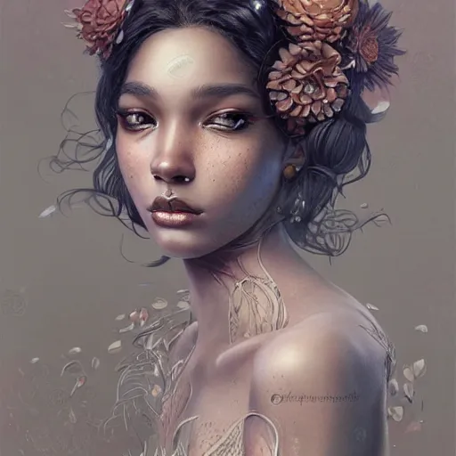 Prompt: Hyperrealistic beautiful sexy ethereal dark skinned girl with freckles portrait, art nouveau, fantasy, intricate flower designs, elegant, highly detailed, sharp focus, art by Artgerm and Greg Rutkowski and WLOP