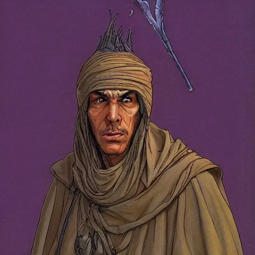 Image similar to Kethlan the elven desert bandit. Robes and turban. Realistic portrait by james gurney and mœbius.