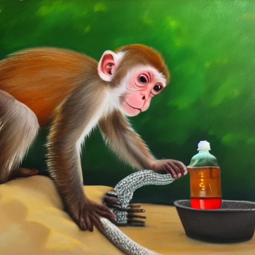 Prompt: baby monkey drinking water at the beach, oil painting, cute, 4k, trending on art station,