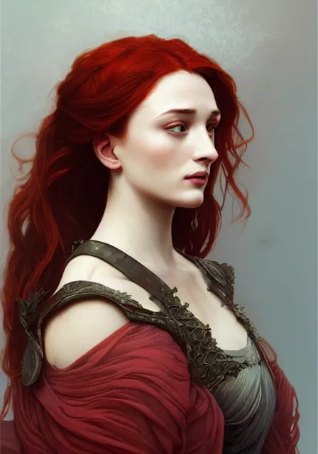 Image similar to portrait of red sansa stark, intricate, elegant, highly detailed, digital painting, artstation, concept art, smooth, sharp focus, illustration, art by artgerm and greg rutkowski and alphonse mucha and william - adolphe bouguereau