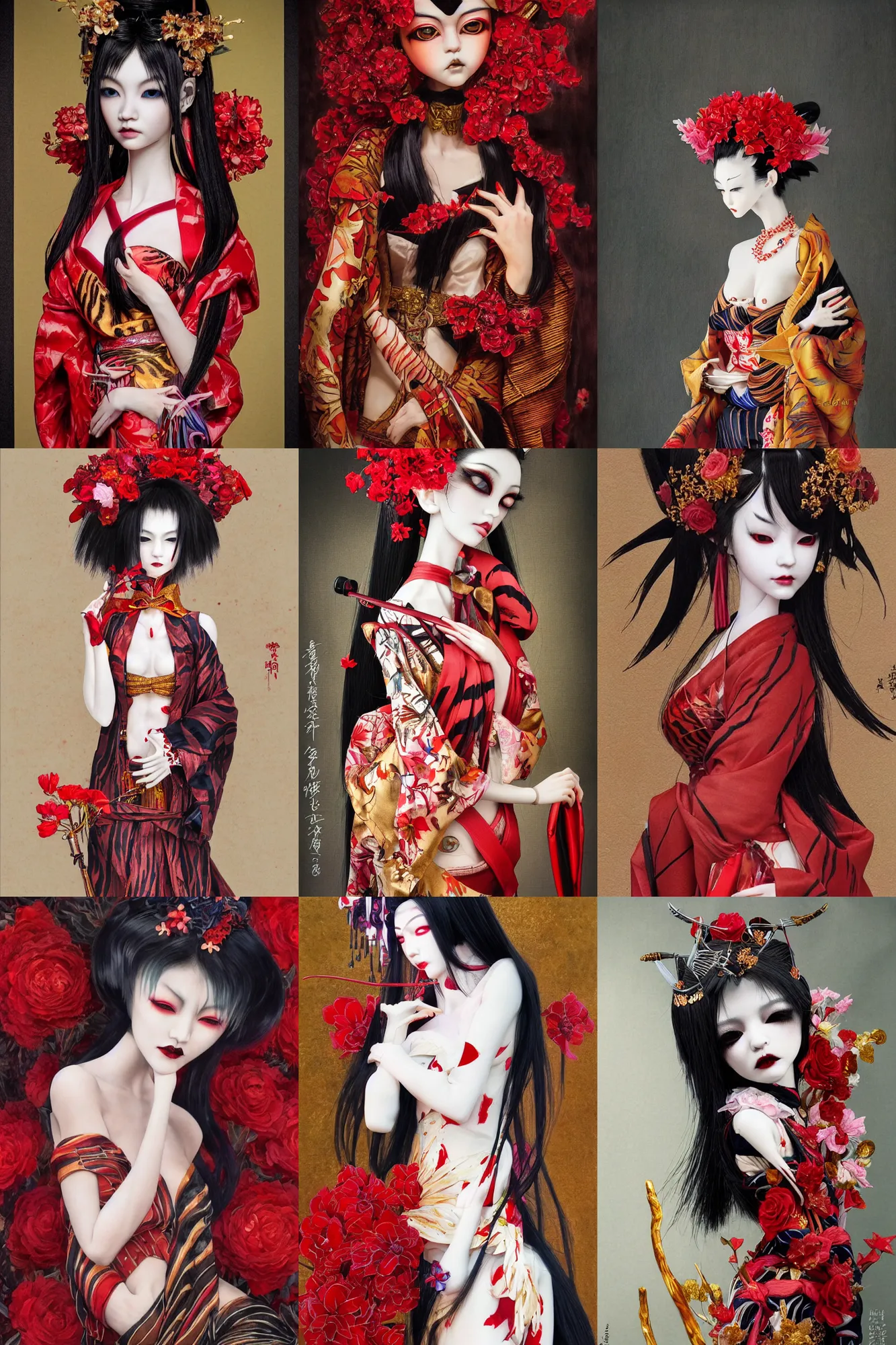 Prompt: watercolor painting of a japanese bjd geisha vampire with a long neck by hajime sorayama, irakli nadar, amy sol, in an epic dark - fantasy background, red, gold flowers, black, tiger stripes, surrealism, artgerm