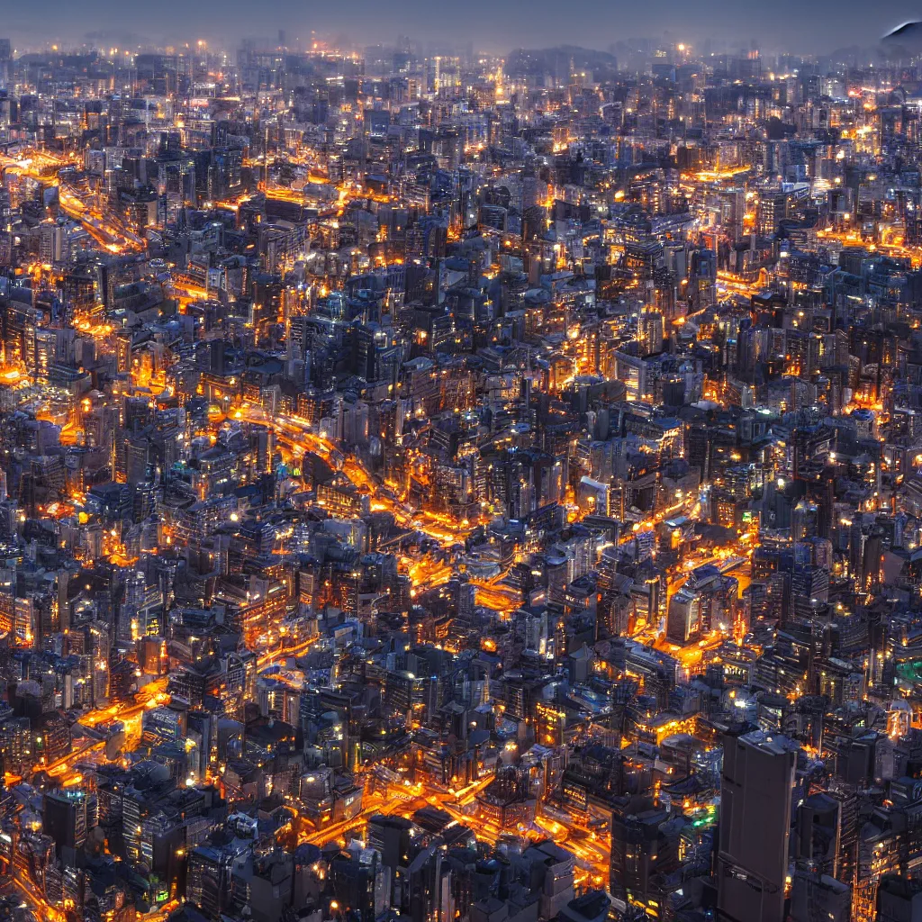 Prompt: photorealistic view of Seoul from the top of a building at night, trending on ArtStation, volumetric lighting, high detail