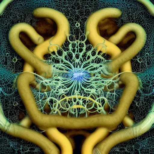 Prompt: the pseudopodia of two cells interacting. a microscopic photo by earnst haeckel. polycount shutterstock contest winner, art nouveau, nuclear art, microbiology, neoplasticism. biomorphic, creative commons, fractalism, lush, airbrush art, minimalist macro photography, dark background, photoillustration, dye - transfer