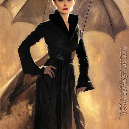 Prompt: detailed realistic cinematic wide shot of beautiful attractive audrey hepburn lilly collins vampire woman wearing black bath robe slim face symettrical face clean skin black eyes black robe smooth, sharp focus, ultra realistic, spring light, painting by gaston bussiere, craig mullins, j. c. leyendecker