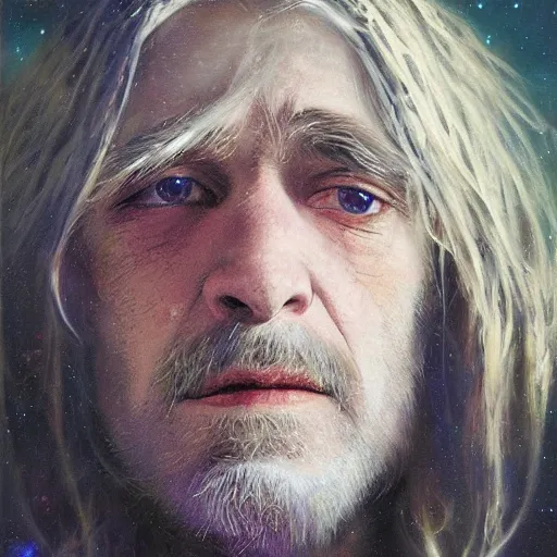 Prompt: UHD tonalism painting of an elderly, old Cosmic Kurt Cobain, by Antonio Caparo and Ferdinand Knab and Greg Rutkowski, UHD, photorealistic, trending on artstation, trending on deviantart