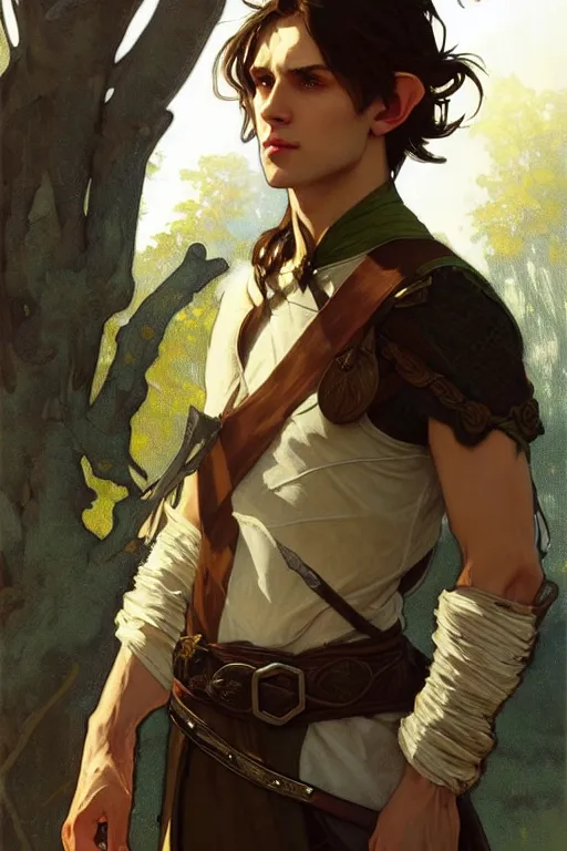 Prompt: fullbody portrait of a beautiful fit young elf male ranger, with fluent cloths, leather armor, open shirt, by greg rutkowski and alphonse mucha, d & d character, gradient brown to white, autumn background, highly detailed portrait, digital painting, artstation, concept art, smooth, sharp focus illustration, artstation hq