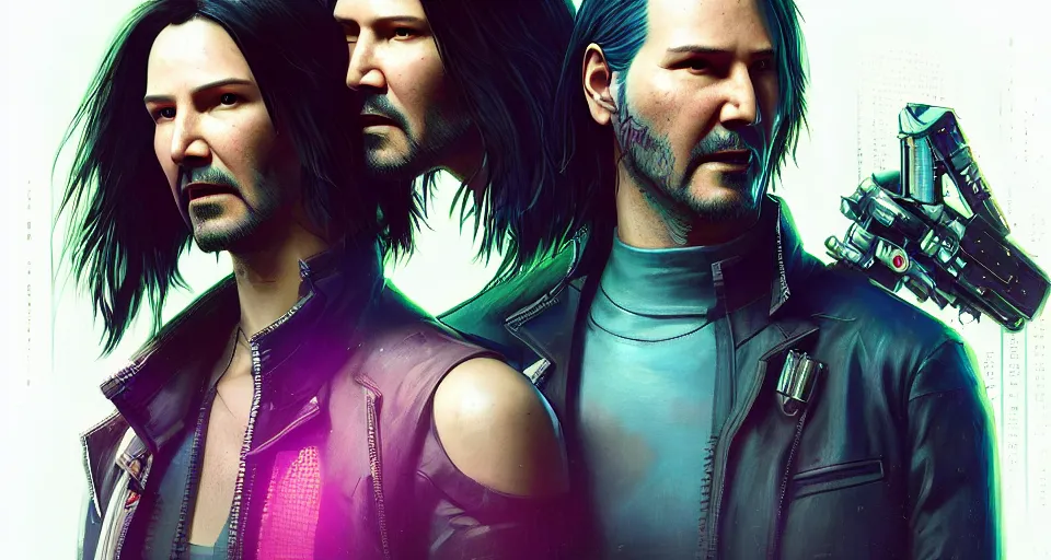 Image similar to a cyberpunk 2077 srcreenshot couple portrait of a Keanu Reeves and a female android in final kiss,love,film lighting,by Laurie Greasley,Lawrence Alma-Tadema,Dan Mumford,John Wick,Speed,Replicas,artstation,deviantart,FAN ART,full of color,Digital painting,face enhance,highly detailed,8K,octane,golden ratio,cinematic lighting