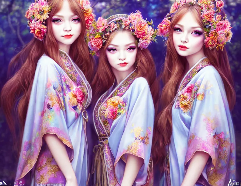 Image similar to two beautiful fashion siberian girls wear fantasy kimono in festival | | big eyes, sunny, dreamlike art, realistic shaded, smile, good looking, hyper details, 4 k realistic, cryengine, realistic shaded lighting poster by artgerm, ross tran, fuji choko, loish, 8 k resolution, trending on artstation, luxury