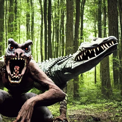 Image similar to werecreature consisting of a human and crocodile, photograph captured in a forest